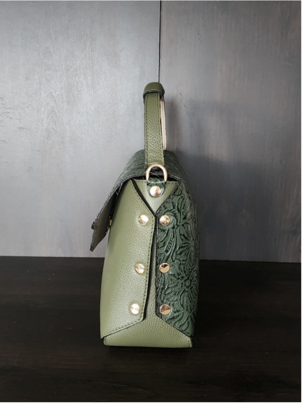 Forest Green Floral Studded Embossed Artisan LEATHER Purse Handbag Crossbody Bag - Picture 6 of 16